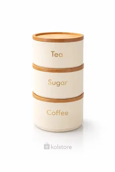 סט תה קפה סוכר "מגדל" צבע קרם בשילוב עץ